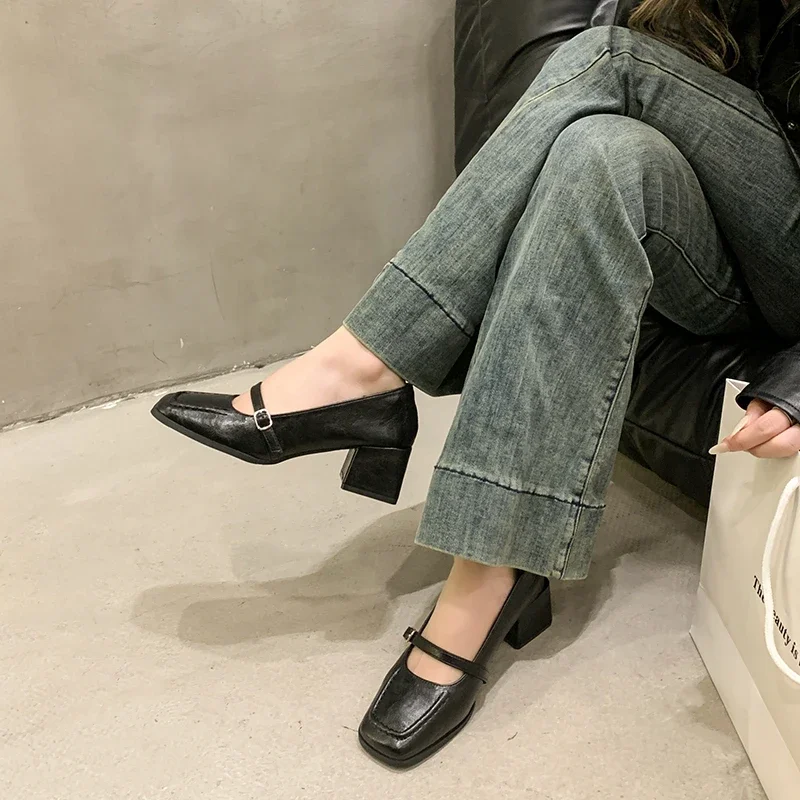 Woman Mary Jane Sheepskin Retro Shoes 2025 Thick Heeled  Pumps One Strap French Style Vintage Shoes Spring Atumn Buckle Pumps