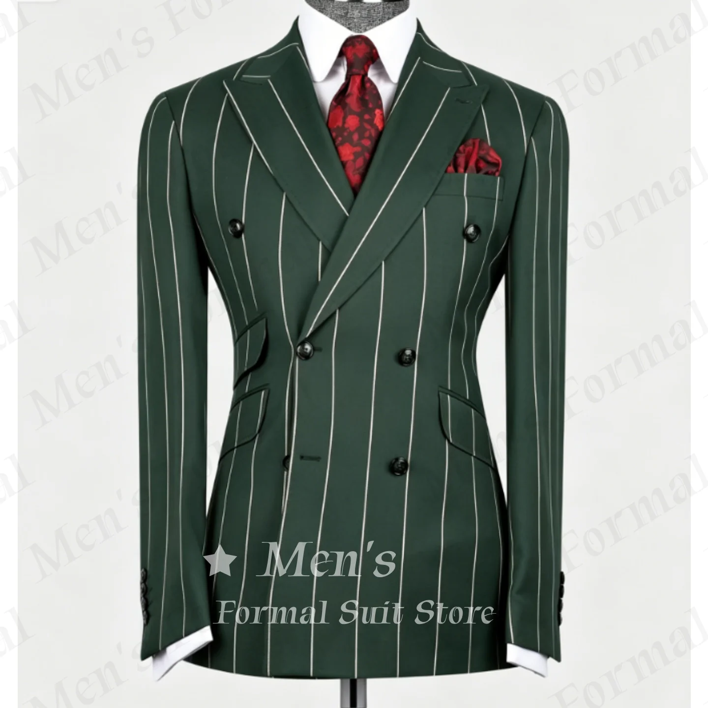 Dark Green White Pinstripe Shawl Lapel Double Breasted Gold Buttons Blazer Pants Set Breathable Fabric Wedding Guest Customized