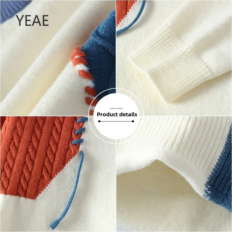 YEAE Autunno e Inverno Denim Risvolto Tendenza moda Colore abbinato Allentato Girocollo Maglione da uomo Abiti firmati di fascia alta Top