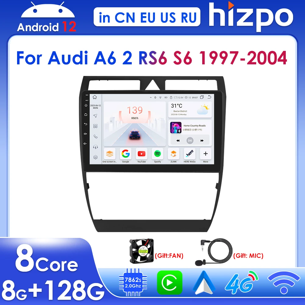 

Hizpo 9" Android Wireless Carplay for Audi A6 2 RS6 S6 1997-2004 Car Multimedia Player GPS Stereo Navi BT DSP RDS 4G Radio 2 Din