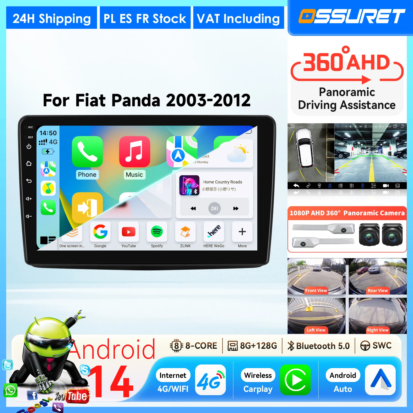 Autoradio Android con CarPlay Wireless per Fiat Panda 2003 - 2012, Lettore Multimediale 2Din, Schermo Intelligente con Telecamera 360, RDS, DSP, 4G, WIFI, BT, Unità Principale