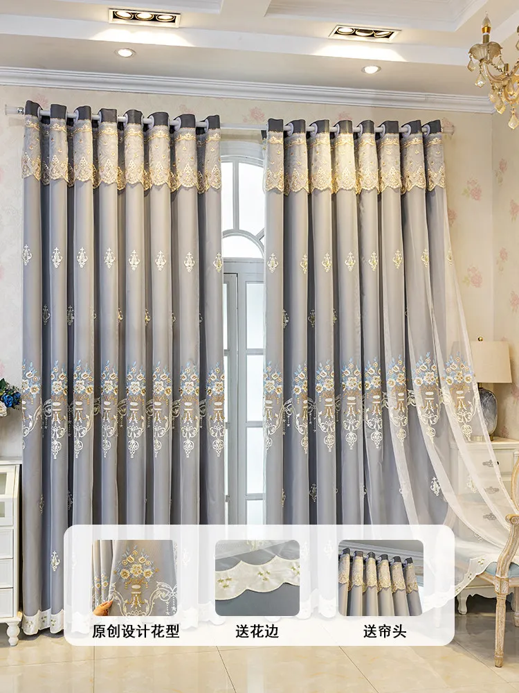 Luxury European Embroidered Double Layer Blackout Curtain Elegant Sheer Voile + Thermal Insulated Drap for Bedroom Living Room