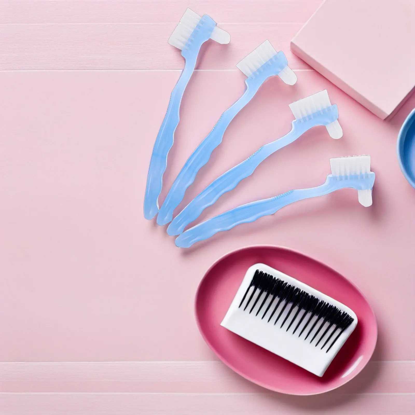 

4Pcs Double Sided Denture Toothbrush Dual Headed Soft Hard Bristles Travel Size Compact False Teeth Cleaning Brush