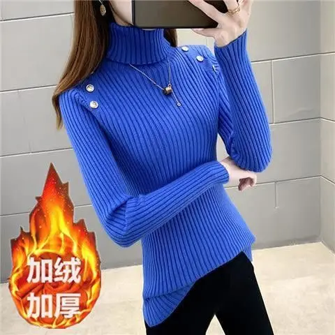 High Neck Sweater Women\'s Button Knit Sweater Bottom Layerin Ner Layer 2024 Autumn Winter New Style Slim Fit Black Thick Stylish