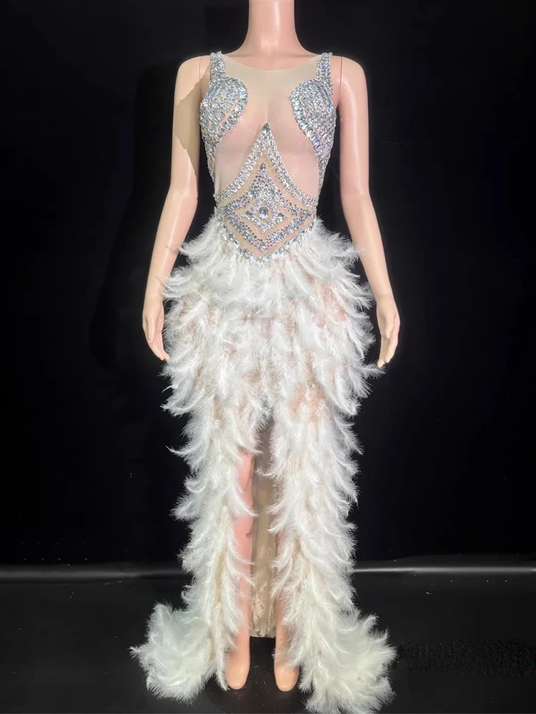 

High Quality Rhinestone Feather Splicing Sexy Elastic Dress 2025 New Fashion Custom Women'S Clothing