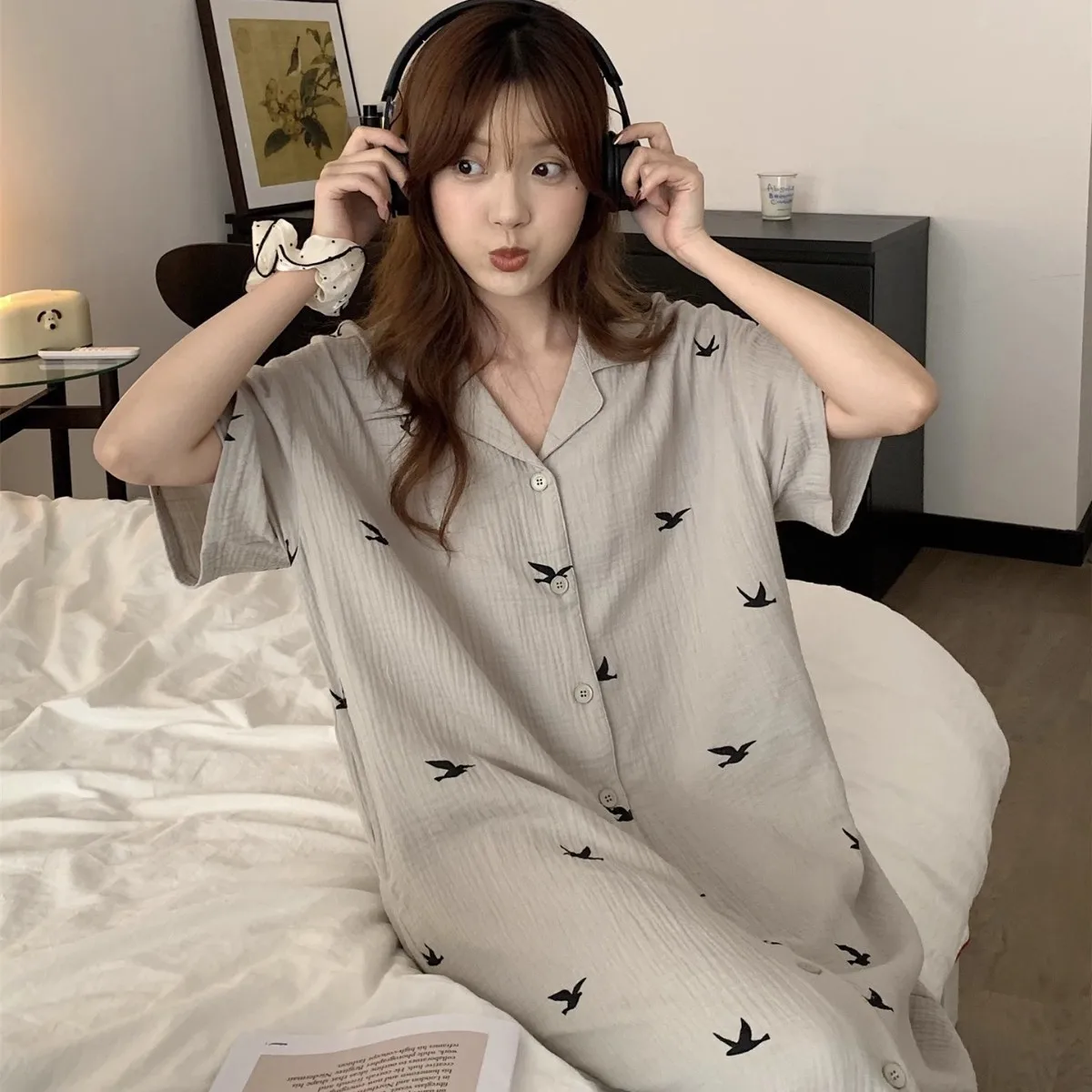 New Women Summer Short Sleeve Shirt Nightdress Girl Student Loungewear Woman Loose Pajamas Lady House Dress Casual Teen Homewear
