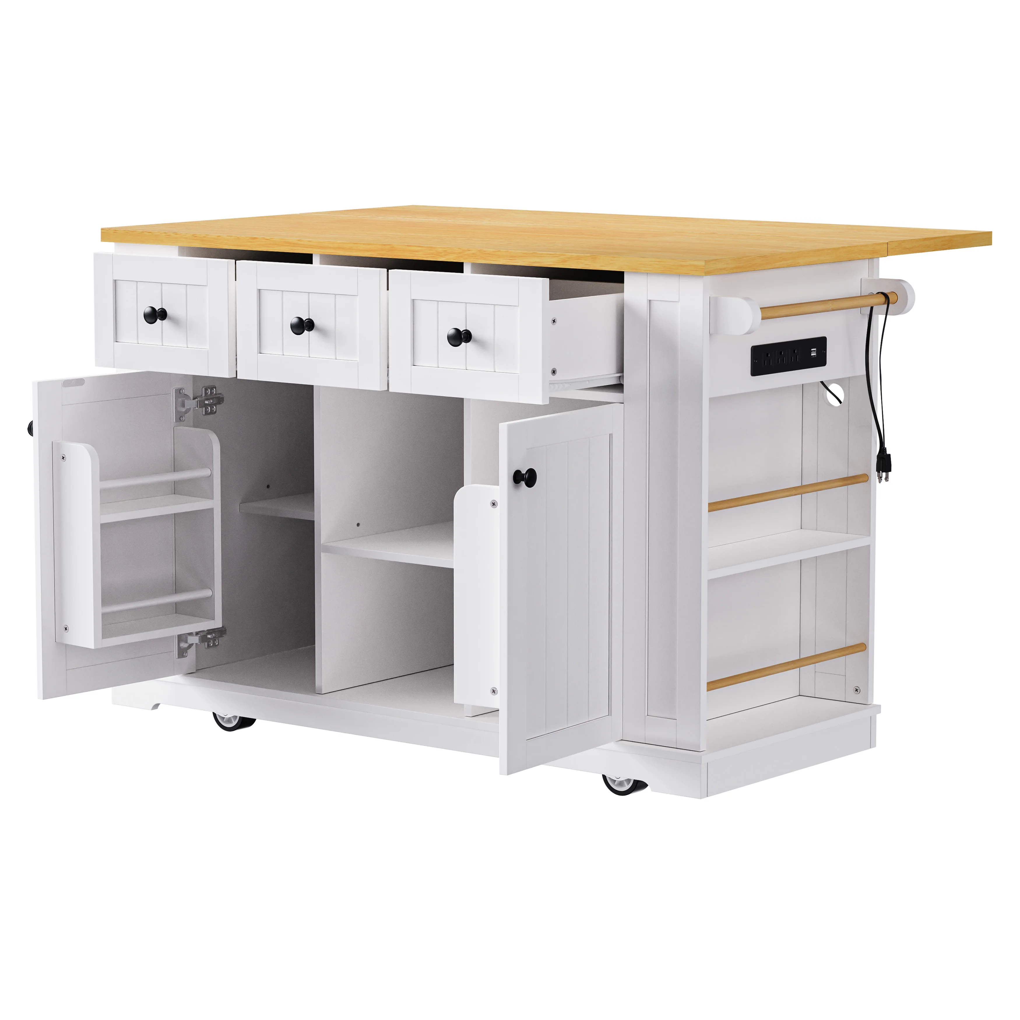 53inch Large Kitchen Island Drop Leaf Power Outlet Door Internal Storage Rack Rolling Kitchen Cart 5 Wheels 2 Shelves White MDF