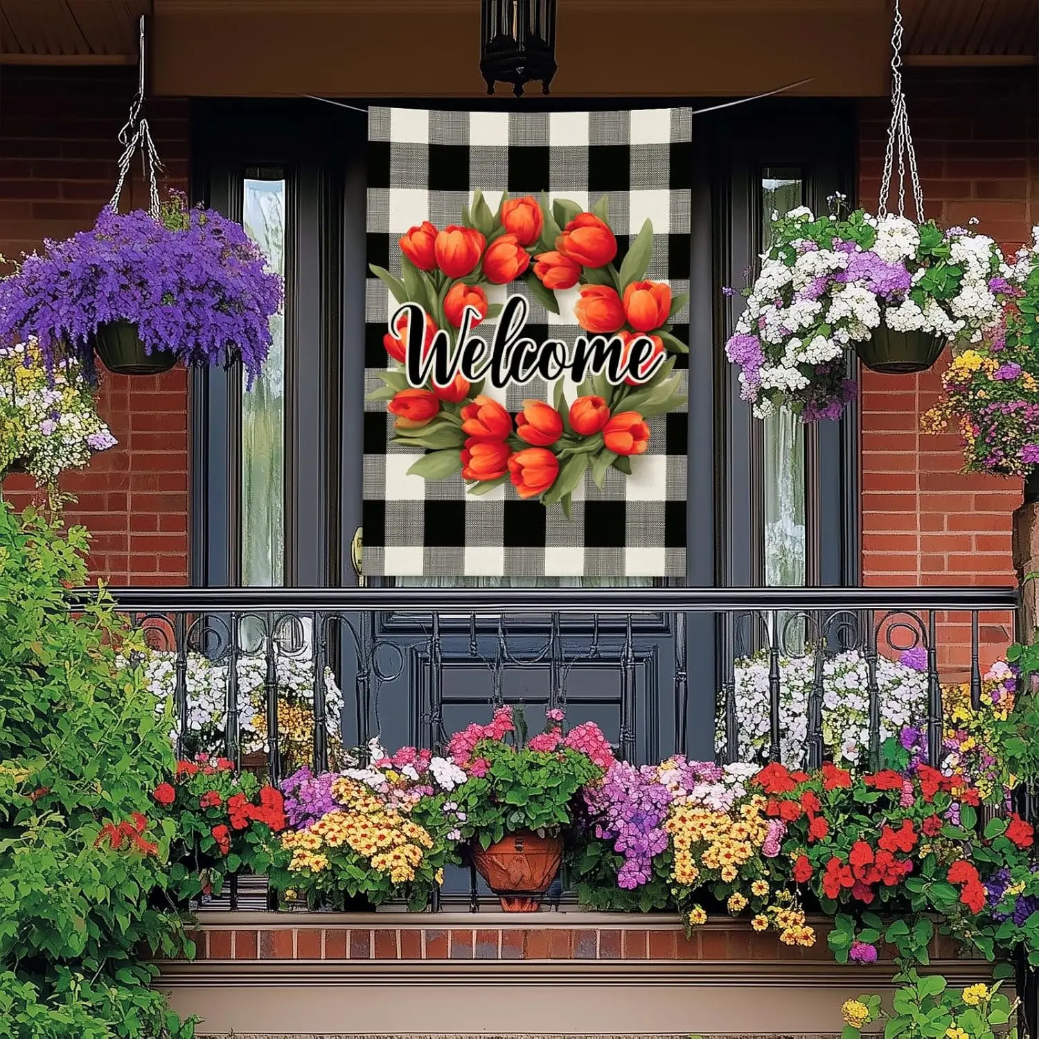 Welcome Garden Flag Red Tulips Buffalo Plaid House Flag 28 x 40 Inch Double Sided Large Yard for Porch Home Outdoor Spring S EEZ