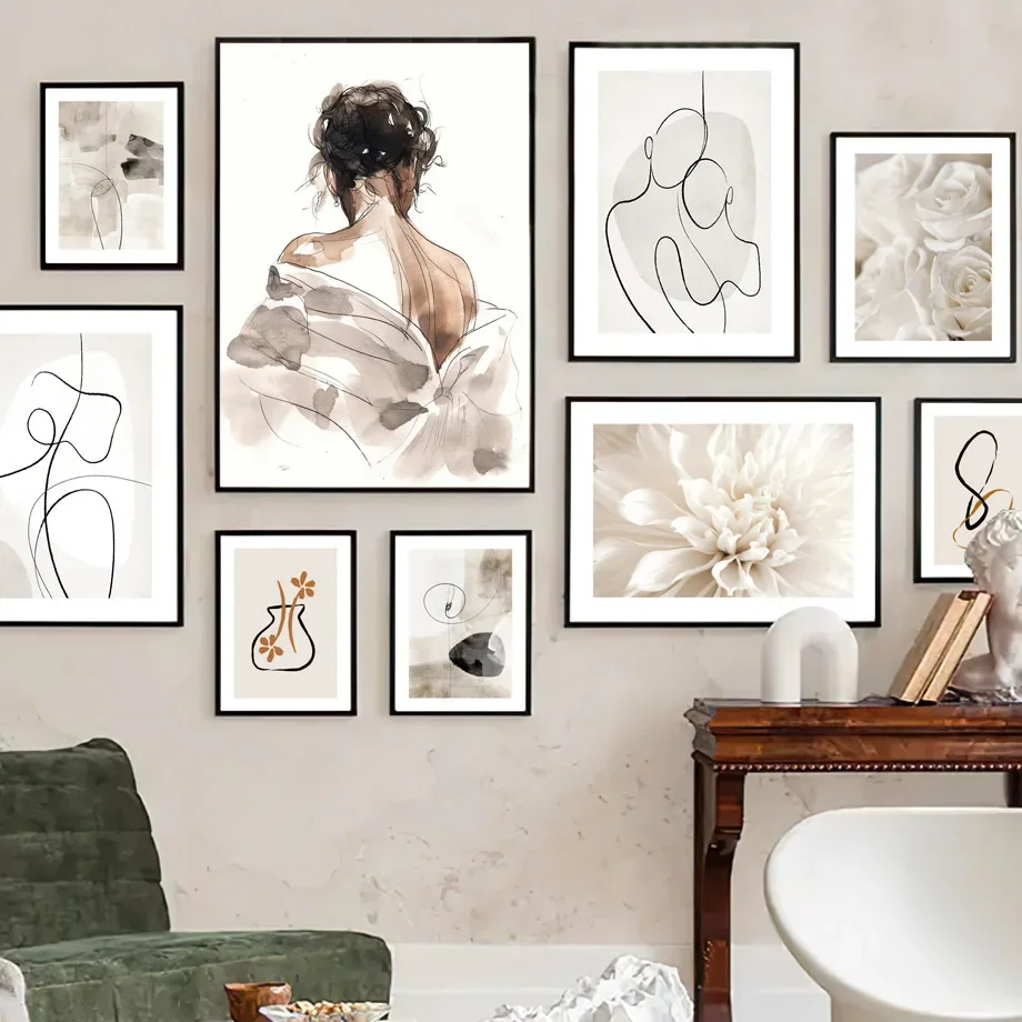 

Nordic Abstract Lines Wall Art Canvas Painting Couple in White Flower Back Design Living Room Decor Nordic Posters And Prints