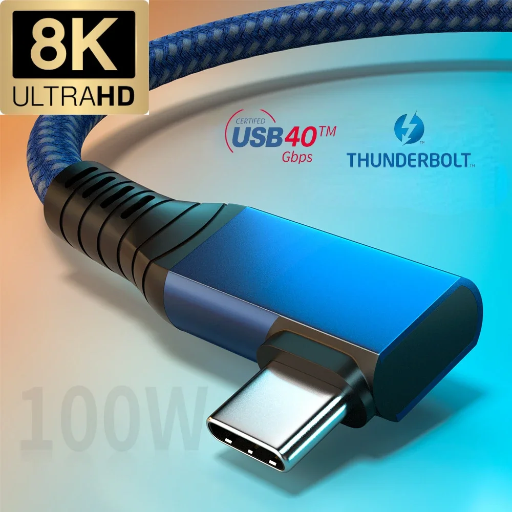 lightning 3 4 Cable USB 4 100W Cable Blue Type C Male To Female Elbow USB4 Data Wire 40Gbps Data Transfer Fast Charger Cables