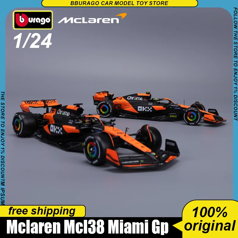 

New In Stock Bburago 1:24 Mclaren Mcl38 Miami Gp Acrylic Packaging Alloy Miniature Mcl38 #4 #81 Diecast Model Custom Toys Gift
