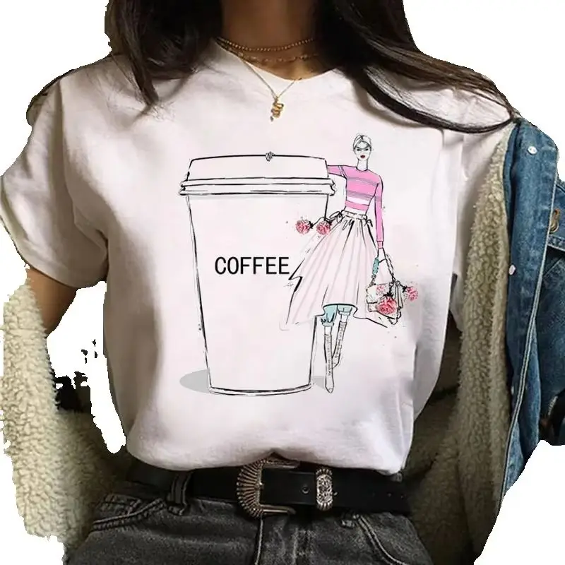 Coffee Urban Crew-neck Printed T-shirt Short-sleeved Women's Wear Graphic  Tops  Graphic T Shirts  Tops  Summer polyester fabric