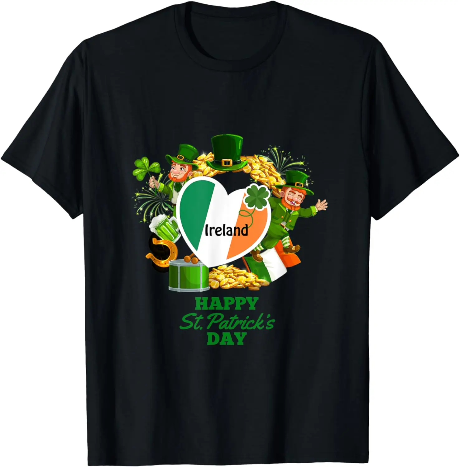 Cartoon St Patricks Day Costume Leprechaun Shamrock Ireland Heart T-Shirt for Men Women Girls Boys Graphic T Shirts Casual