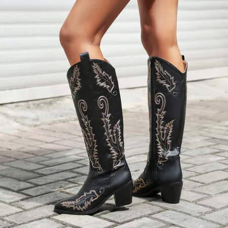 Stivali da Cowboy per donna ricama tacco grosso scarpe da Cowgirl in pelle rossa al ginocchio Botas Western Botas Cowboy Femininas