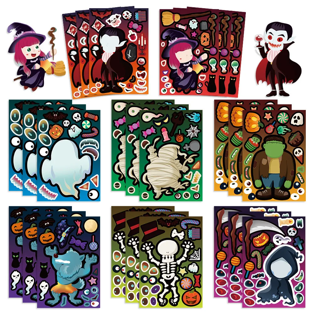 8Pcs Halloween Mix-and-Match Face Swap Stickers, Cartoon Spooky Character Decals for Luggage Custom Decor Giajar Sticker Store