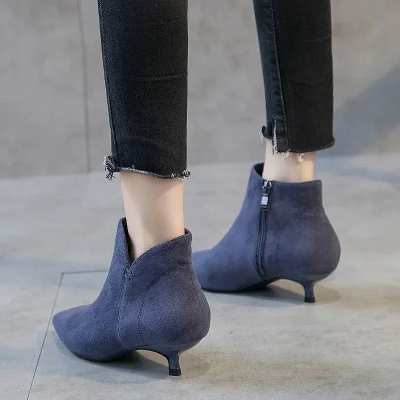 New 2023 Ankle Boots for Women Pointed Toe Stiletto Ankle Boots Low Heels for Women Chunky High Heel Female Shoes