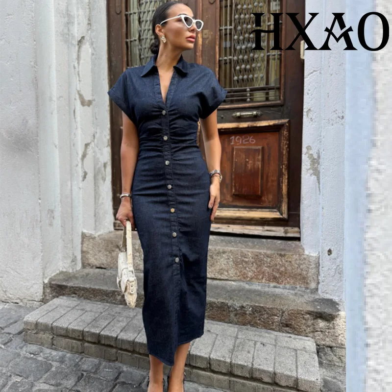HXAO 2026 Denim-Damenkleid, neue Kurzarm-lange Kleider für Frauen, gerüscht, figurbetont, Freizeitkleider, Knopfhemd, blaues Kleid