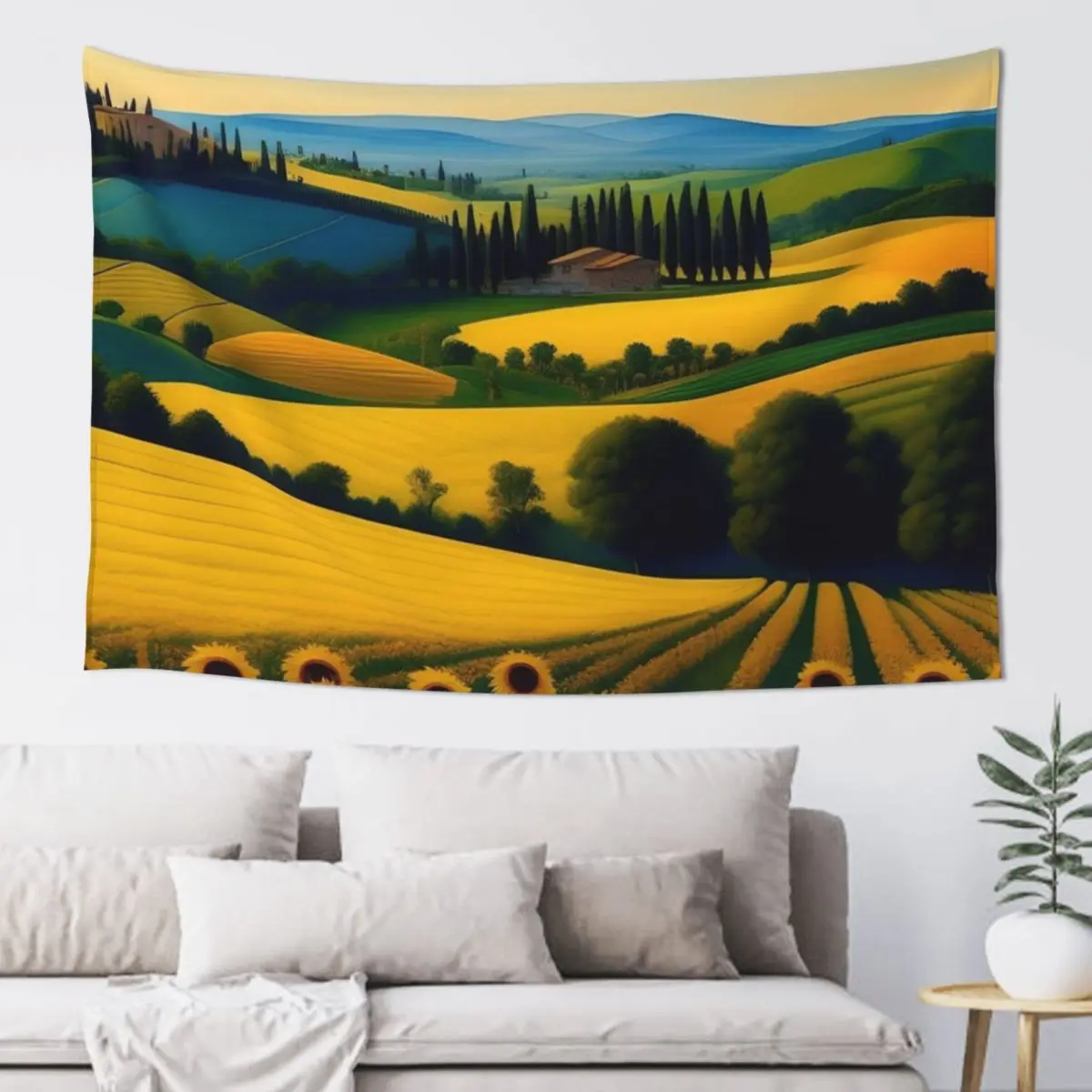 

Golden sun, sunflower rows Italia; Tuscan rolling hills of olive trees, stone pine, sunflower, and wine country Tapestry