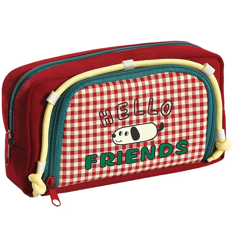 Cartoon Puppy Large-capacity Retro Plaid Windowed Pencil Bag Unisex Cute High-value Dirt-resistant Stationery Bag