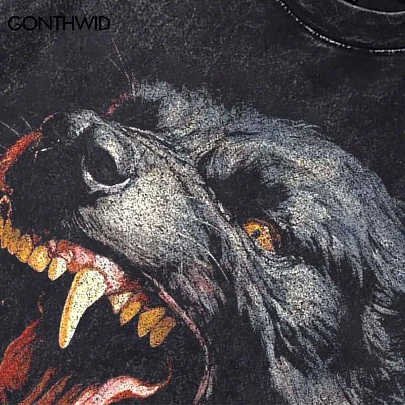 Vintage Black Tshirt Beast Rottweiler Dog Graphic Print Washed T-Shirt Streetwear Hip Hop Punk Gothic Loose 2024 Harajuku Tops