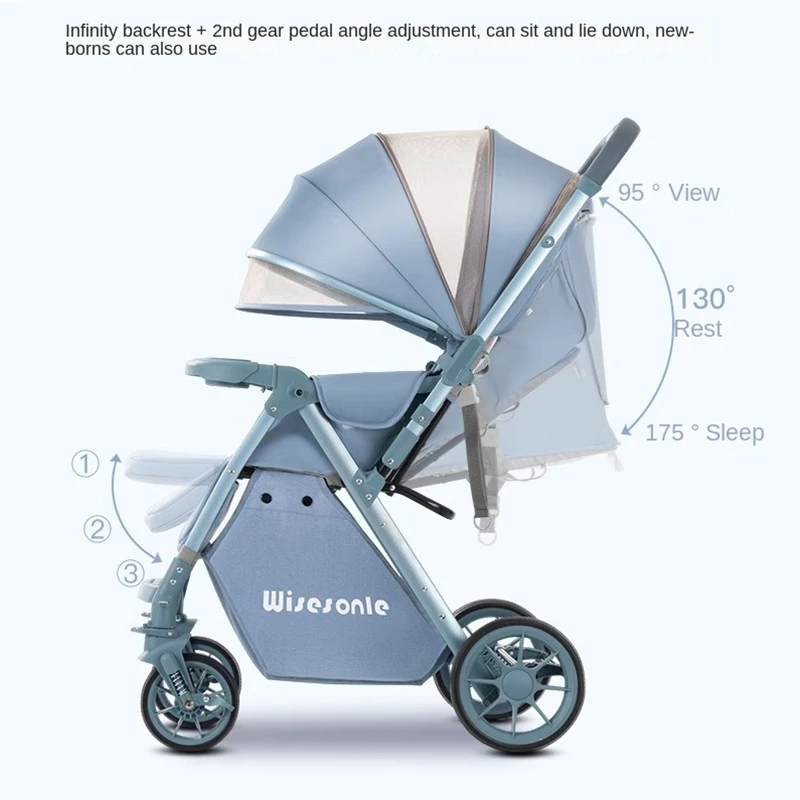 Luxury Baby Stroller Can Sit and Lie Down High Landscape Lightweight One Button Folding Two-way Push Four Wheel Shock Absorption