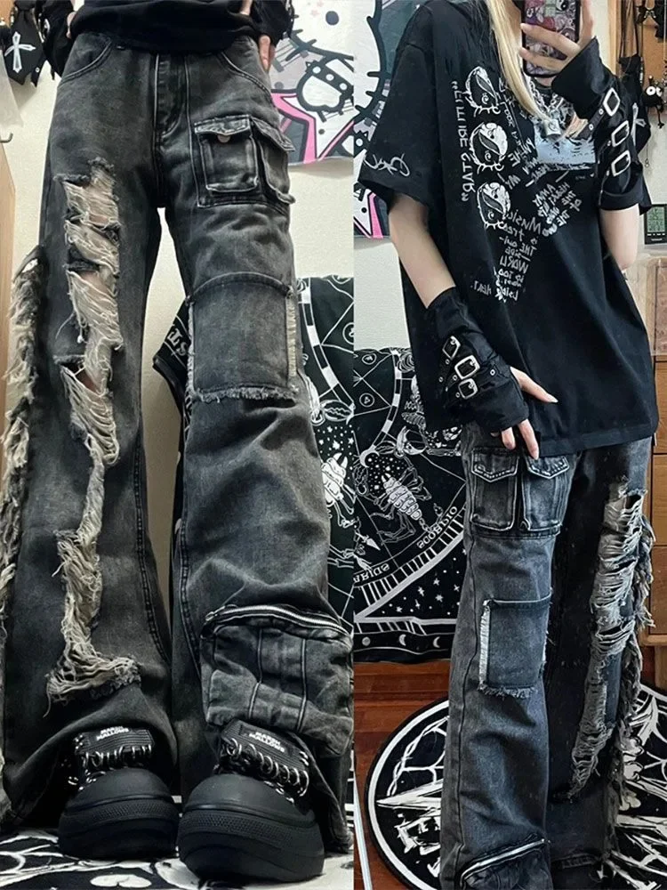 Pantalones Cargo de mezclilla con agujeros pesados americanos Y2k E-Girl pantalones rectos de calle de cintura alta 2025, novedad de verano, pantalones vaqueros holgados con parte inferior acampanada