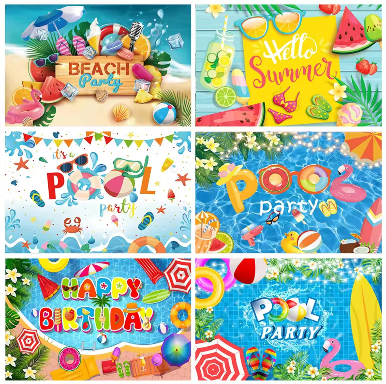 

Summer Pool Party Backdrops Hawaii Beach Swimming Ball Flamingo Balloon Birthday Holiday Carnival Decor Photography Background