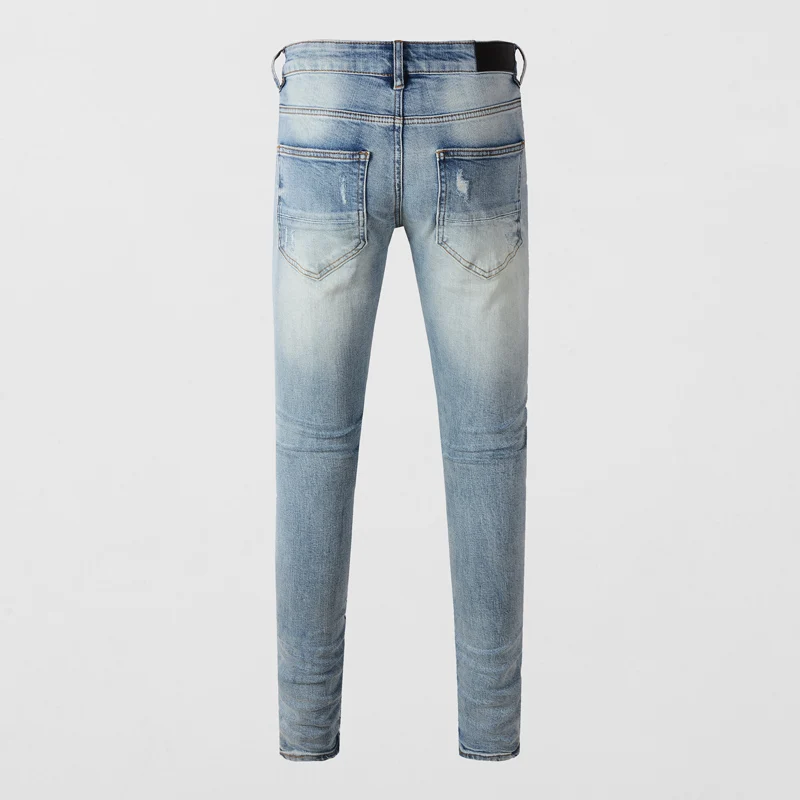 Street fashion men's jeans retro light blueelastic tight corrugatd jeans men's white patch designer hip-hop brand pants hombre