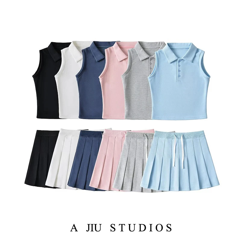 Summer Spor Polka Dot f Skirt Women's Svel  Collar Base Tank Top Two Piece Set Casual Slim Fit ort Skirt