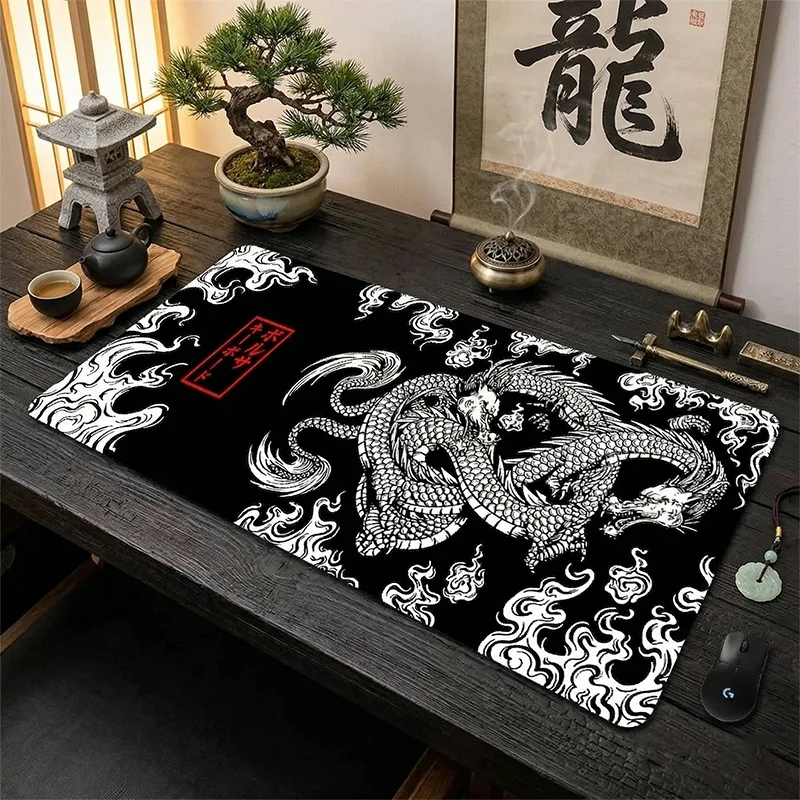 

Gaming Mouse Pad Black White Chinese Dragon Tablecloth Desk Mat Extended Rubber Keyboard Pad Office Computer Setup Accessory