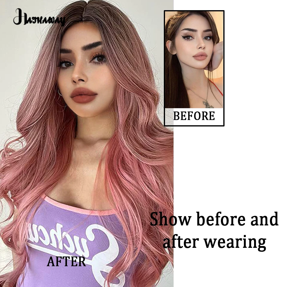 HA Synthetic Wigs About 28 Inches Wavy Gradient Pink Women's Wigs Black Gradient Powder Fluffy Natural Shopping Party Daily Wear