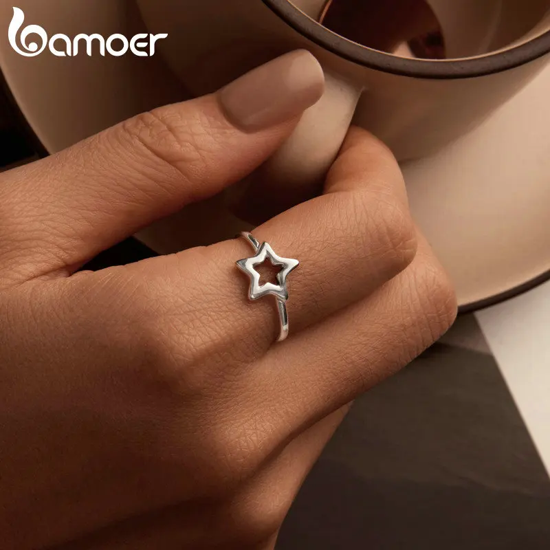 Bamoer 925 Sterling Silver Star Ring Hollowed-out Simple Statement Rings For Women Daily Wearable Party Fine Jewelry Gift