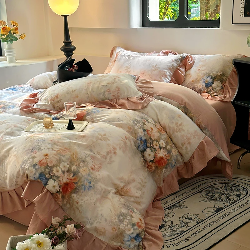 French Vintage Flowers Print Ruffles Bedding Set 100% Cotton Queen Size Duvet Cover Set Bed Sheet/Fitted Sheet Pillowcases 4Pcs