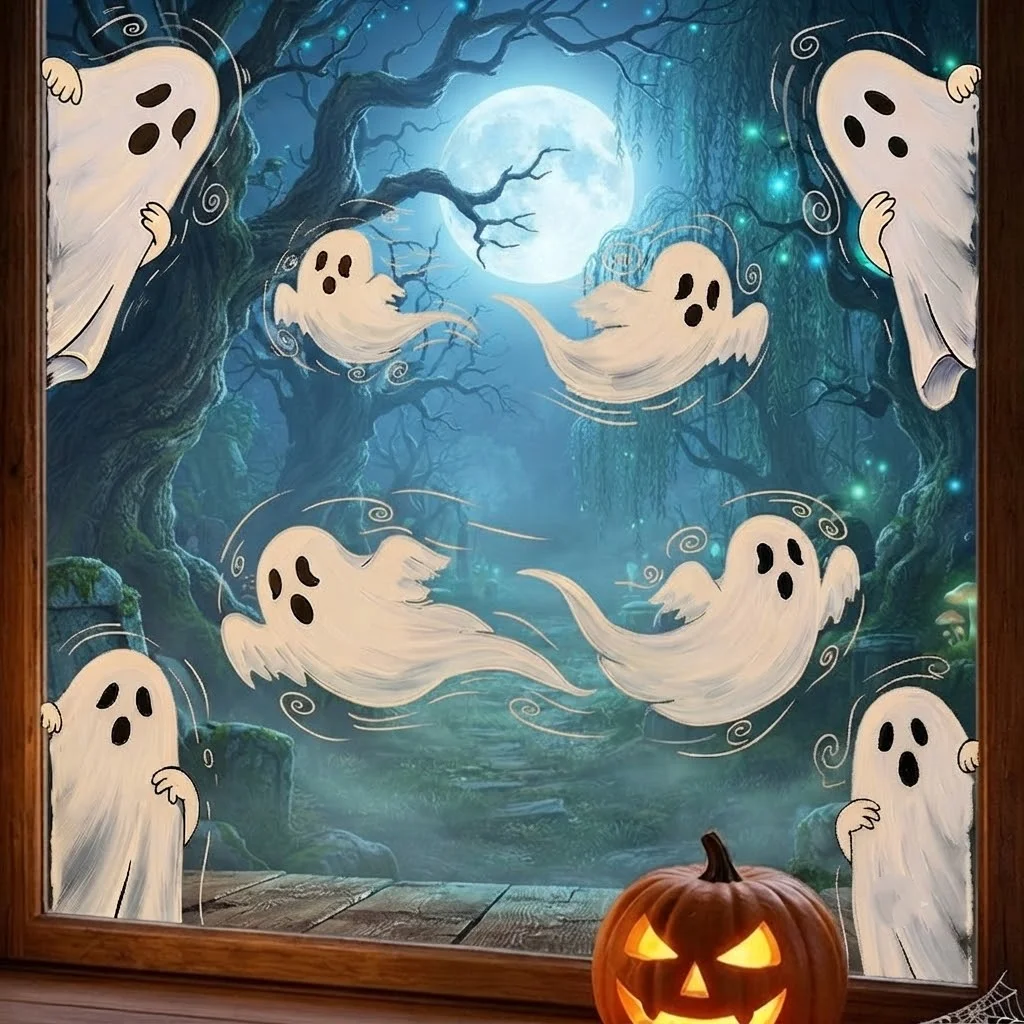 Halloween Retro Hand‑Drawn Ghost Window Sticker Includes 8 Separate Ghost Patterns Per Sheet Lively Playful Shapes