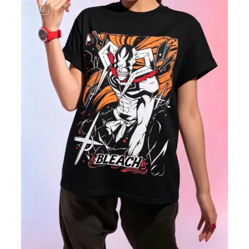 Anime BLEACH Ichigo Print T-shirt Unisex O Neck Short Sleeve Tee Summer Retro Casual Streetwear Oversized Cotton Tops Fans Gift
