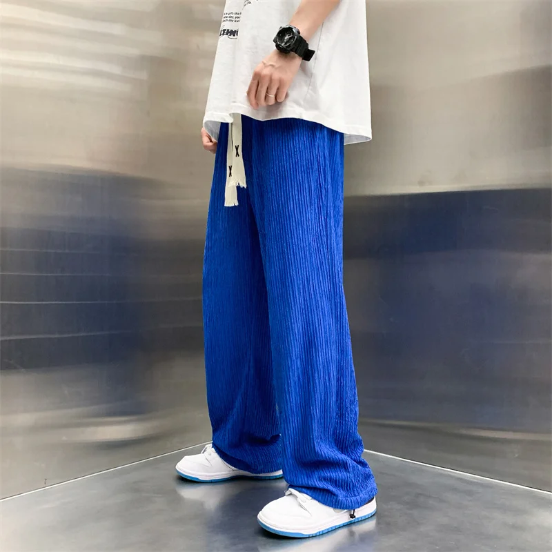 Summer Ice Silk Pants Men Fashion Oversized Wide Leg Pants Men Japanese Streetwear Hip Hop Loose Pleated Pants Mens Trousers