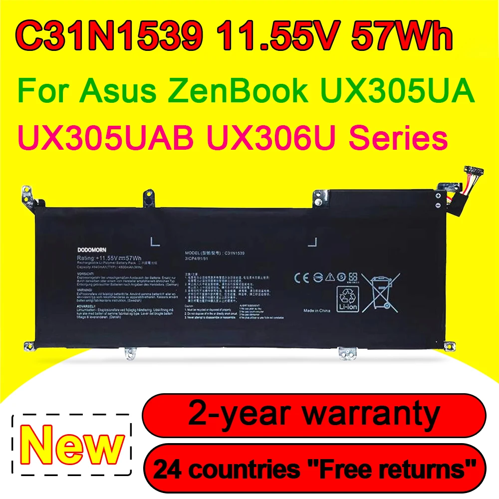 

For ASUS ZenBook UX305U UX305UA UX305UAB UX306 UX306U UX306UA C31N1539 C31PN9H 3ICP4/91/91 Laptop Battery 11.55V 57Wh 4940mAh