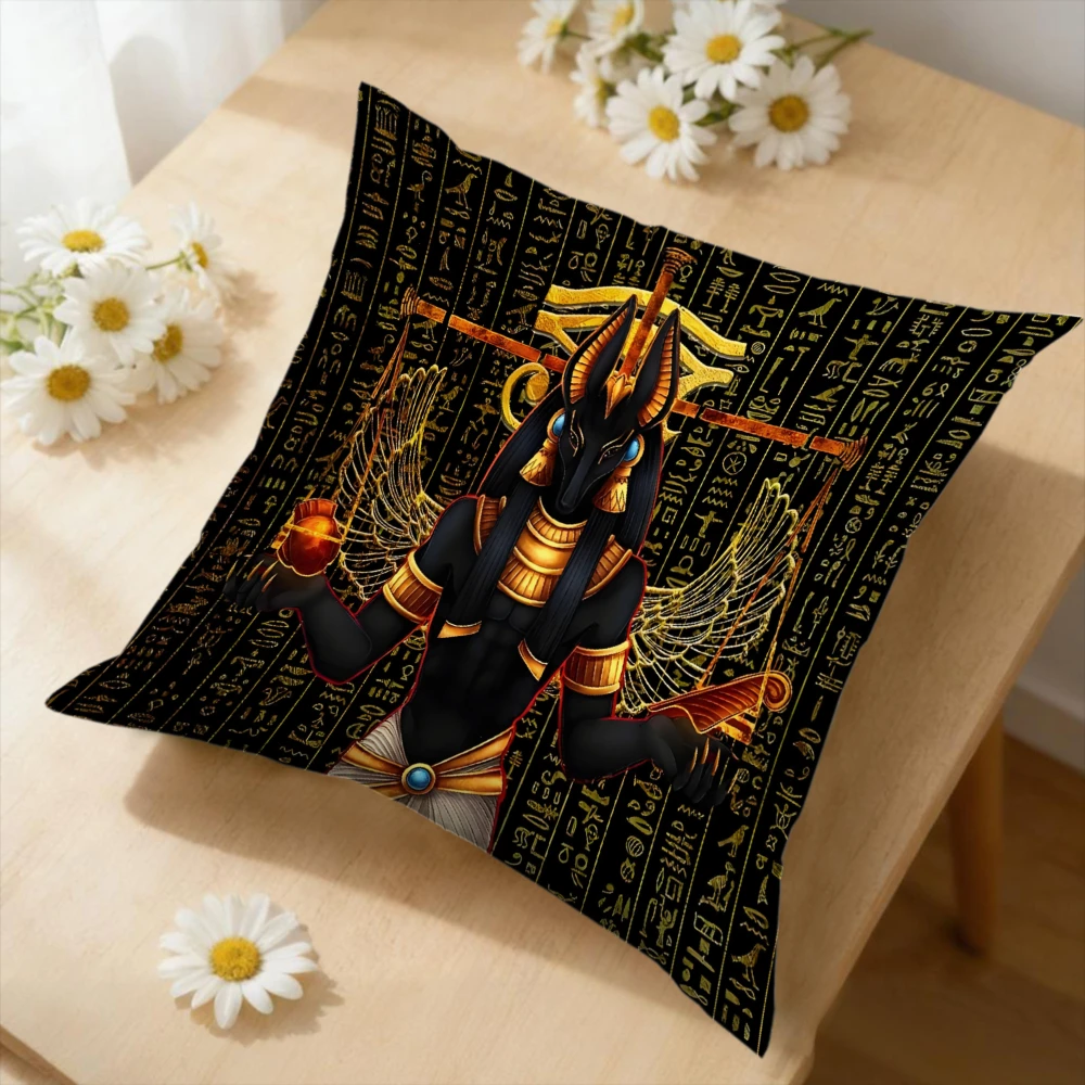 1Pc Egyptian God Anubis Cushion Cover Black Gold Hieroglyphs Pillowcase For Sofa Bed Decorative Throw Case Home Living Room
