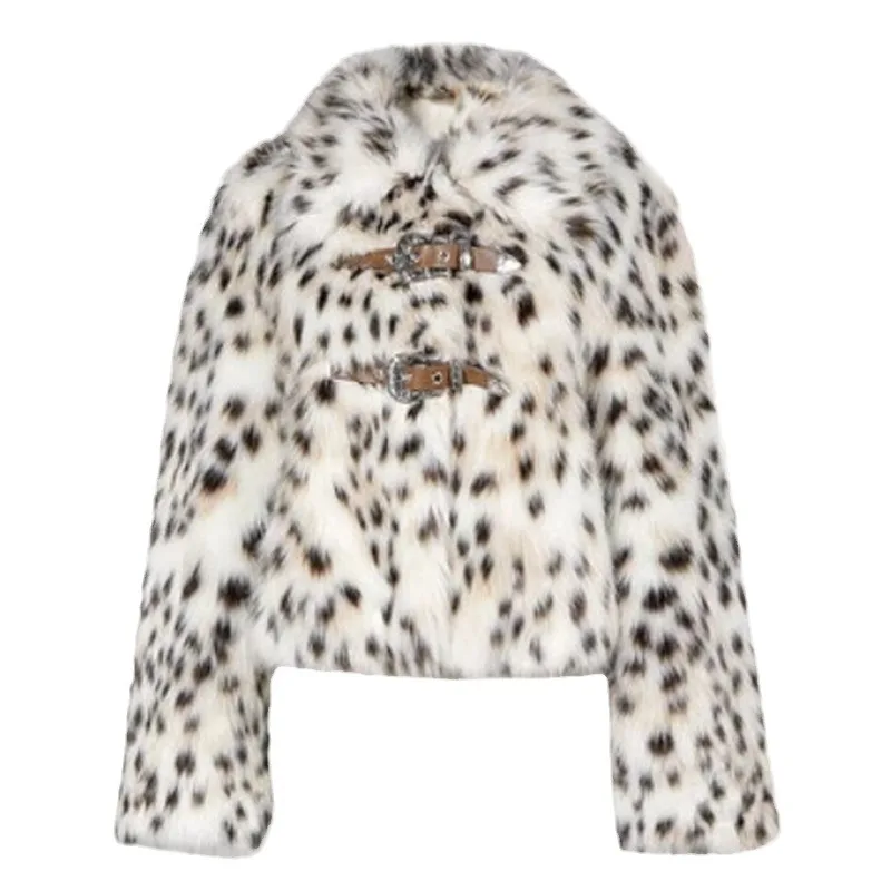 Women's Fur Coat  Coat  Lapel  Warm  Fur Coat  European and American  Casual  Leopard  Short  Locomotive Clothing  Comfortable