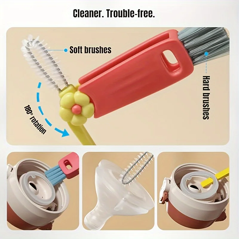 1pc Multi functional 3-in-1 portable bottle cap cleaning brush, used for cleaning bottle cap gaps and cup cap brushes