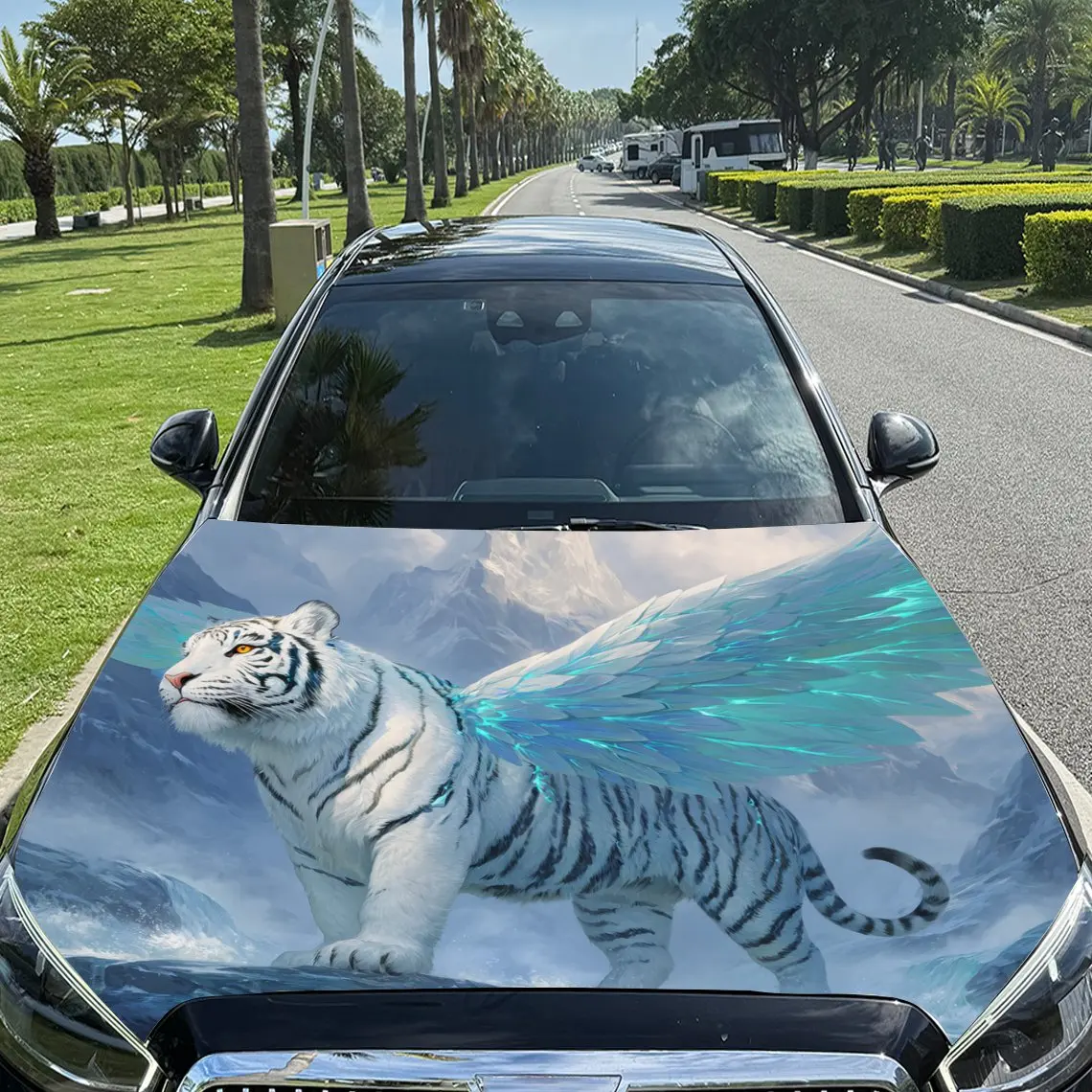 

Fantasy Winged White Tiger Pattern car hood stickers, waterproof self-adhesive, scratch resistant, easy to stick, durable car PV