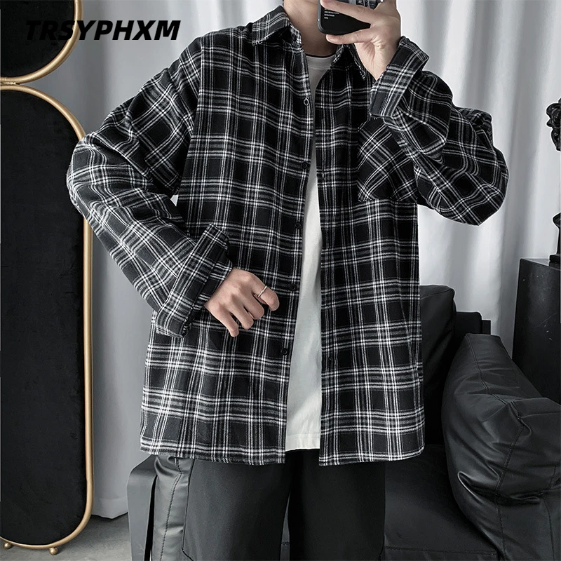 TRSYPHXM Spring clothing 2024 new Hong Kong fashion brand plaid long sleeved shirt loose casual shirt jacket for men and women