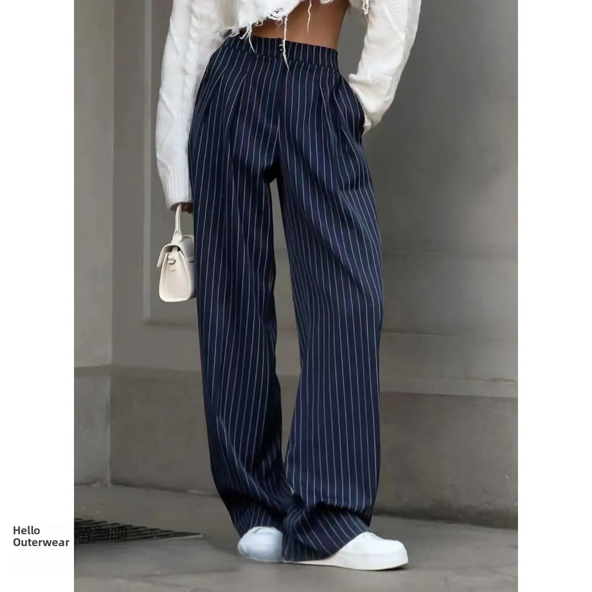 กางเกงขายาวทรงขากว้างลายทางแฟชั่นลำลองเอวสูงสำหรับผู้หญิง รุ่นพรีเมียม เหมาะสำหรับใส่ไปทำงาน