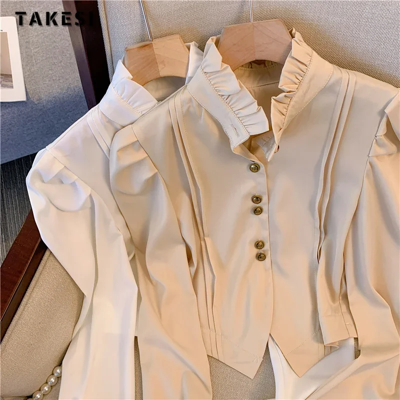 French Style Elegant Stand Collar Solid Color Luxury Blouses 2023 Winter Women Casual Chic Long Sleeve Chiffon Thin Shirts Top