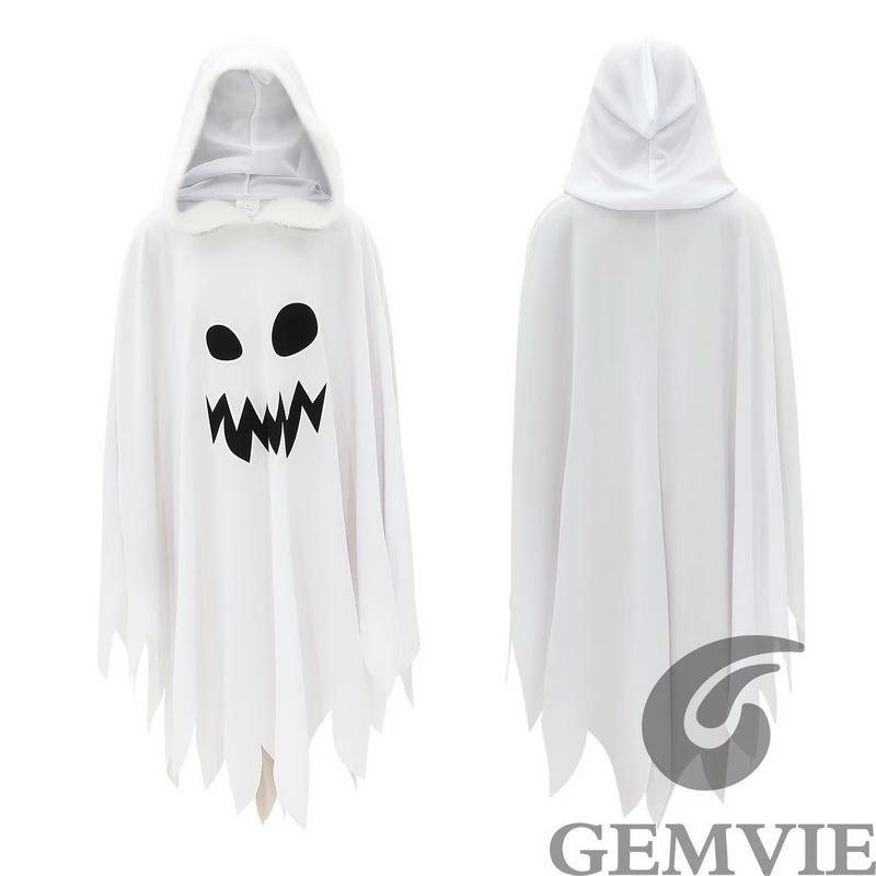 Halloween White Ghost Costume for Girls Glow In The Dark Cloak with Hood Children Elf Cosplay Cape for Party