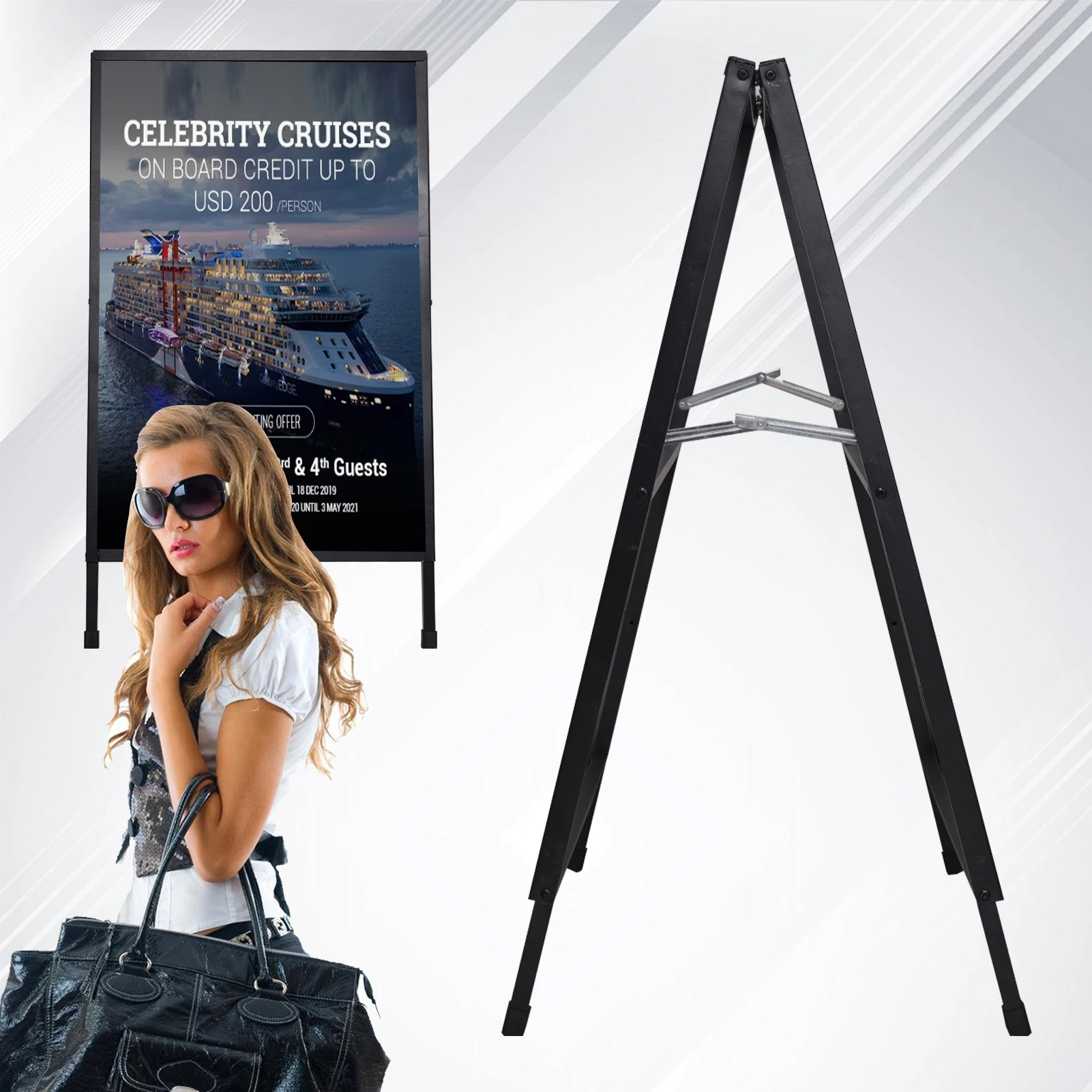 Double Sided A Frame Sign Holder Heavy Duty Metal Poster Stand Floor Standing Display Rack, Foldable Sidewalk Sign Board with Slide-in Sandwich Panel for Outdoor Advertising, Business Store, Wedding, Restaurant, Cafe Promotion