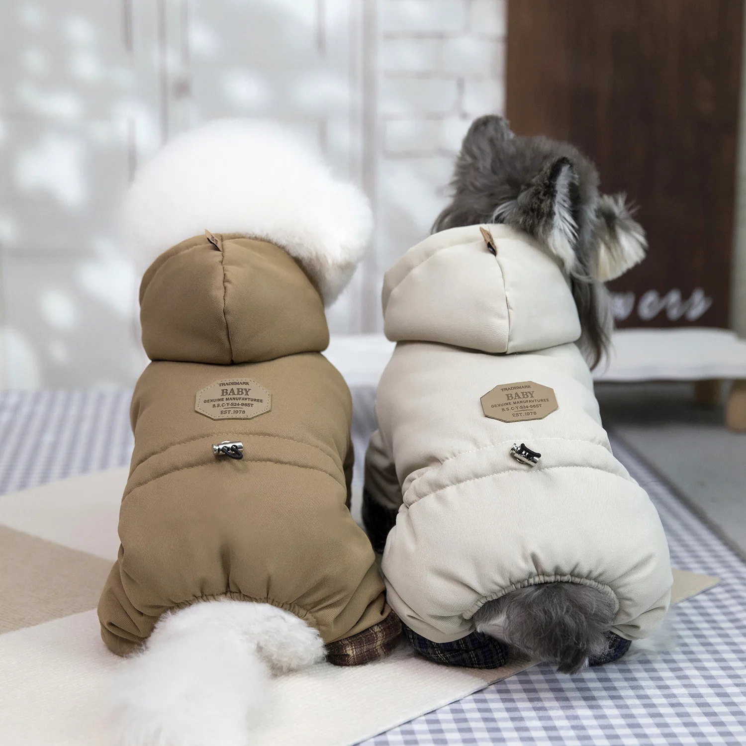 New Winter Autumn Simple Hooded Fleece Lined Warm Plaid Patchwork Four Legged Jumpsuit for Small Dogs and Cats Pet Apparel