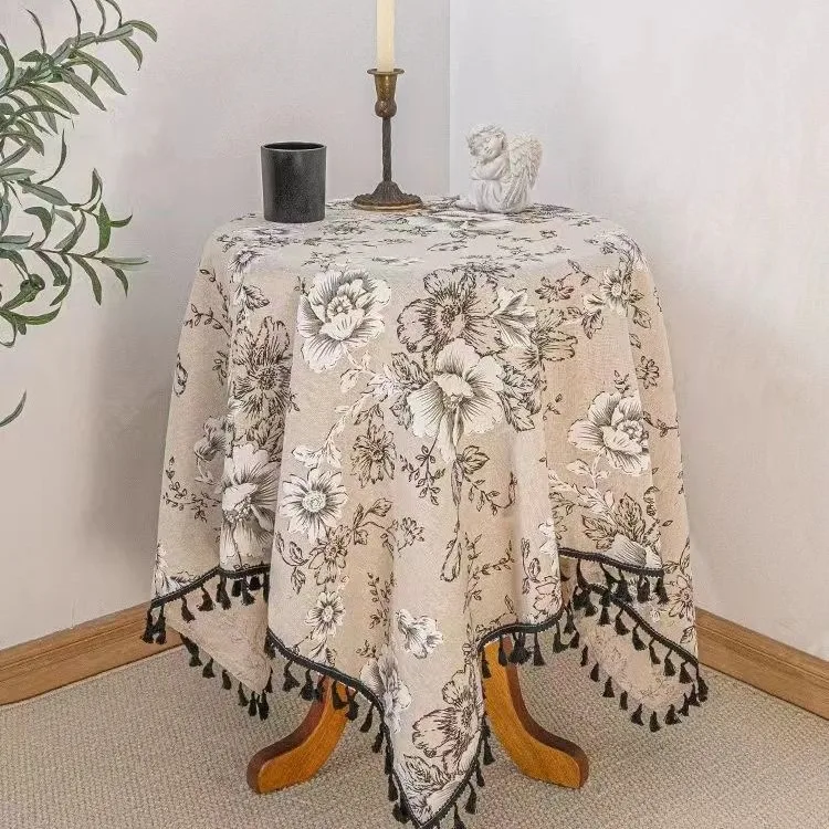 

Cotton Linen Peony Tassel Tablecloth Retro Household Dining Table Cloth Living Room Tea Table Tablecloth Tea Tablecloth