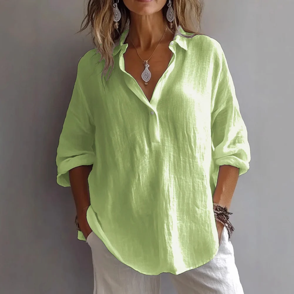 Women Casual Loose Long Sleeved Shirt Casual Ladies Linen V-neck Blouse Top Fashion Women's Clothes New
