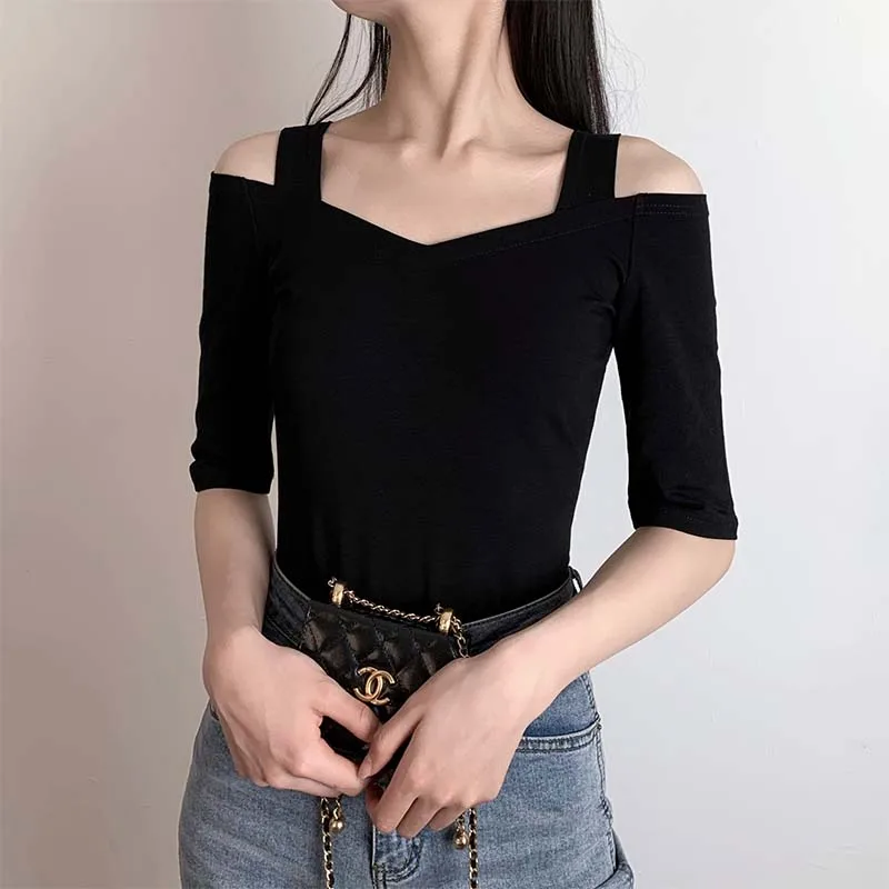 

Bla ort Sve V-Ne-oulder Slim Fit Women's T-irt Casual Summer Base irt Design Sense Youth Pure Color Commut...